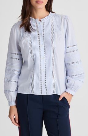 Madewell High Neck Lace Detail Pintuck Cotton Top in Soft Blue at Nordstrom, Size Xx-Large
