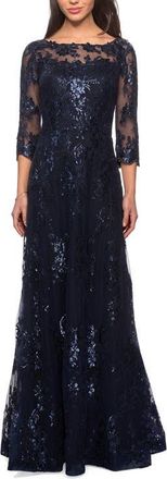 La Femme Long Lace Dress with Sequins and Sheer 3/4 Sleeves in Navy at Nordstrom, Size 14