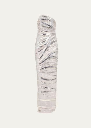 Pamella Roland Wave Beaded Tulle Strapless Column Gown