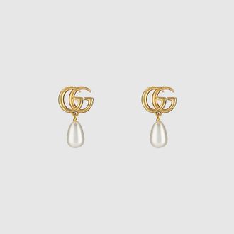 Gucci GG Marmont Pearl Drop Earrings, Gold-toned metal, Gold-toned metal