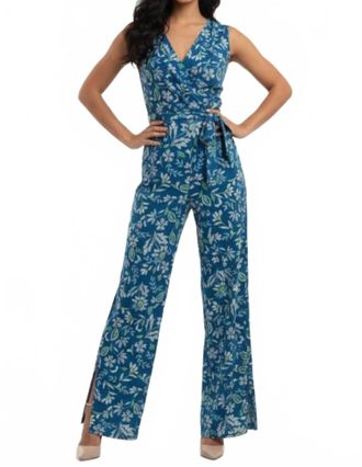 London Times Floral Print Sleeveless Jumpsuit In Teal Cream