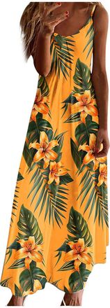Generic Maxi Dresses for Women UK Sleeveless Spaghetti Strap Dress Summer Floral Print V Neck Dresses Casual Oversized Strappy A-line Dress Baggy Holiday Vaca