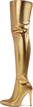 Generic Gold,3.5 UK,Womens Thigh High Boots Back Zipper Pointy Toe Stiletto Heels Colorful Patent Leather PU Fashion Long Boot Party Dress Shoes