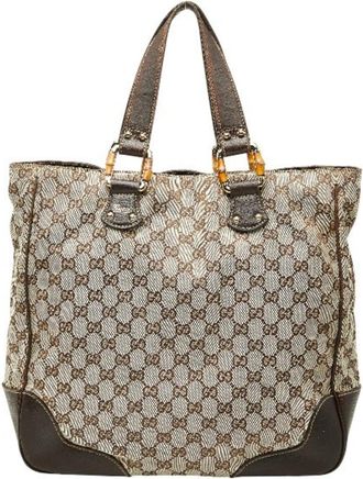Gucci Gg Canvas Beige Brown Gg Canvas Leather Tote Bag (Pre-Owned)