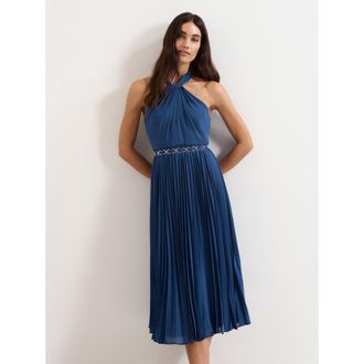Phase Eight Sathia Pleated Halter Neck Midi Dress in Indigo at Nordstrom, Size 10