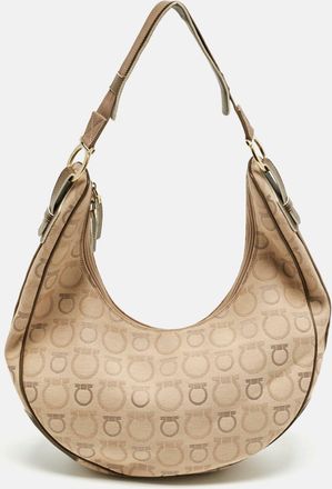 Ferragamo Beige Gancini Printed Fabric And Leather Hobo