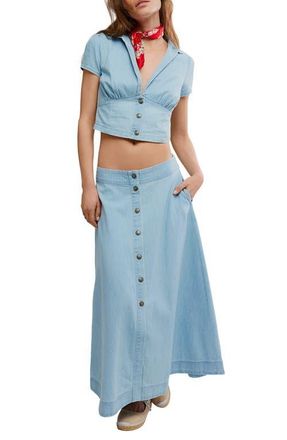 Free People Easy Does It Crop Cotton Button-Up Top & Maxi Skirt Set in Ice Crush at Nordstrom, Size X-Small