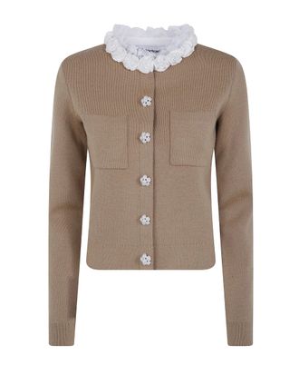 Self Portrait Brown Lace-Trimmed Wool-Blend Cardigan