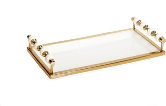 Classic Touch White Rectangular Tray with White and Gold beaded Handles