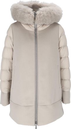 Moorer Fresia-LE Almond Quilted-Sleeve Padded Fur-Trimmed Jacket