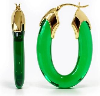 Gold & Honey Womens Carved Oval Lucite Birthstone Hoop Earrings In May - Emerald