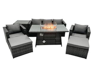 Fimous Rattan Garden Furniture Firepit Dining Set 7 Seater Lounge Sofa Table Set with Side table 2 big Footstool in Dark Grey