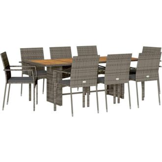 vidaXL Set Comedor Jard&iacute;n 9 Pzas Y Cojines Rat&aacute;n Sint&eacute;tico Gris Vidaxl