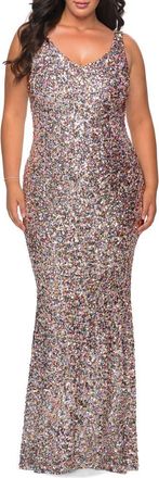 La Femme Floor Length Multi Colored Sequin Plus Size Dress in Silver at Nordstrom, Size 24W
