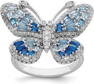 Diamond2Deal Sterling Silver Rhodium-plated Polished Blue & White Cubic Zirconia Butterfly Ring