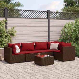 vidaXL Set Muebles De Jard&iacute;n 6 Piezas Y Cojines Rat&aacute;n Sint&eacute;tico Marr&oacute;n Vidaxl
