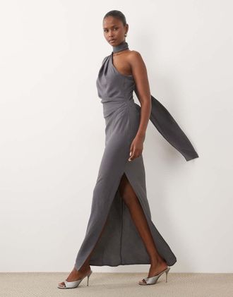 Asos vestito lungo monospalla con vita arricciata e sciarpa in blu grigio