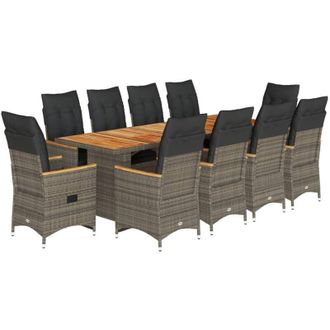 vidaXL Set De Mesa Y Sillas De Jard&iacute;n 11 Pzas Y Cojines Rat&aacute;n Pe Gris Vidaxl