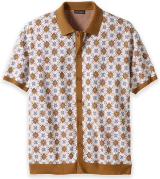 Paul Fredrick Cotton Button Front Polo in Tan Multi at Nordstrom, Size X-Large