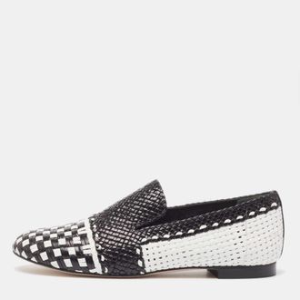 Stuart Weitzman Black/white Woven Leather Riviera Smoking Slippers
