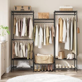 Songmics Open Wardrobe Metal Clothes Rails Adjustable Shelves Dividable in Black