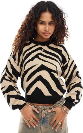 Noisy May knitted sweater in black & beige zebra
