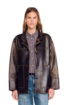Sandro Oversized leather jacket with studs in Brown at Nordstrom, Size 40 Eu