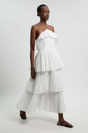 Karen Millen Womens Cotton Poplin Pleat Detail Halterneck Woven Maxi Dress - White - Size 16 UK
