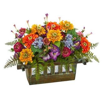 Nearly Natural Mixed Floral Artificial Arrangement in Rectangular Wood Planter in Multicolor at Nordstrom