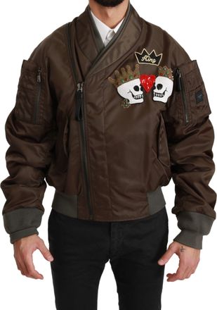 Dolce & Gabbana Mens Bomber Jacket Skull King Design - Dark Brown Nylon - Size EU 50 (Mens)
