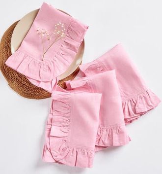 Solino Home Linen Dinner Napkins Set of 4, 20 x 20 Inch for Dining Table, Holiday and Everyday Table Decor - Gabrielle Ruffle in Pink Lemonade at