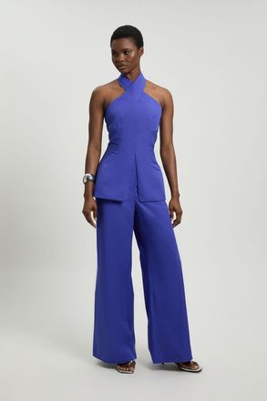 Karen Millen Womens Tailored Cotton Sateen Halter Jumpsuit - Blue - Size 16 UK