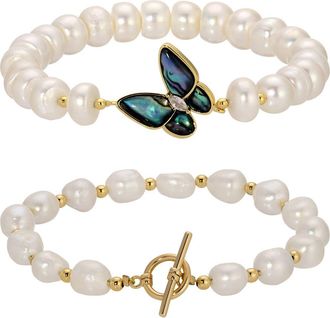Eye Candy Los Angeles Mort Bleu Set of 2 Butterfly & Imitation Pearl Bracelets in Gold at Nordstrom Rack