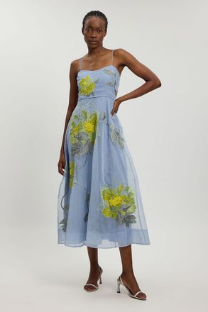 Karen Millen Womens Floral Embroidered Organza Bandeau Dress - Blue - Size 10 UK