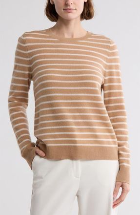 Nordstrom Cashmere Crewneck Sweater in Camel- Ivory Stripe at Nordstrom Rack, Size Xx-Large