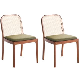Beliani Conjunto De 2 Sillas De Comedor Trenza Vienesa Respaldo De Rat&aacute;n Asiento De Poli&eacute;ster Estructura De Madera De Caucho Sin Reposabrazos Marr&oacute;n Y Verde E