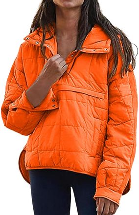Generic Winter Jackets for Women UK Oversized Puffer Jacket Quarter Button Pullover Lightweight Quilted Jackets Dolman Hoodies Warm Padded Coat