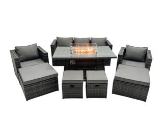 Fimous Rattan Garden Furniture Firepit Dining Set 9 Seater Lounge Sofa Table Set with 2 big Footstool in Dark Grey