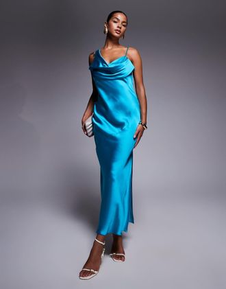 River Island Vestito lungo monospalla color turchese con scollo ad anello-Blu