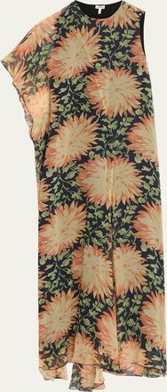 Loewe Long Floral Print One-Sleeve Chiffon Silk Dress
