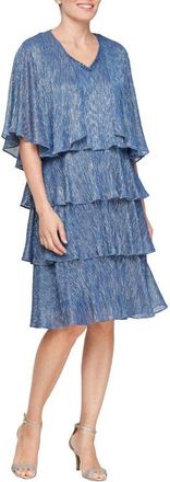 S.L. Fashions Tiered Metallic Cocktail Dress with Jacket in Wedgewood at Nordstrom, Size 10P