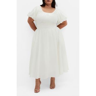 City Chic Lillian Puff Sleeve Cotton Midi Dress in Butter at Nordstrom Rack, Size M/18W