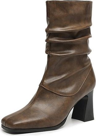 Generic Womens Knee-High Boots, Elegant Slouch Boots in Vintage PU Leather with Block Heel And Pointed Toe Slip-On Shoes Comfortable Tall Boots for Autumn Win