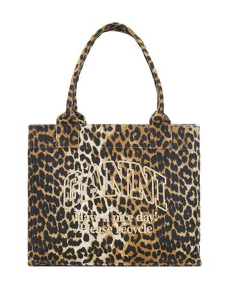 Ganni Leopard Print Logo Large Tote