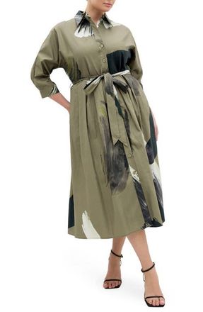 City Chic Angel Brushstroke Belted Cotton Shirtdress in Khaki Muse at Nordstrom, Size Xxs