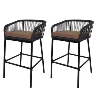 Hhg [nunca Usado] Lote De 2 Taburetes De Bar De Cuerda Hhg-994, Taburete De Barra, Asiento Exterior Coj&iacute;n De Cuerda Metal, Antracita, Coj&iacute;n Topo