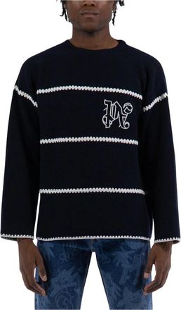 Palm Angels Gestreepte Monogram Wollen Trui - Heren - Ronde hals truien - Blauw - S - Wol - Truien & Vesten