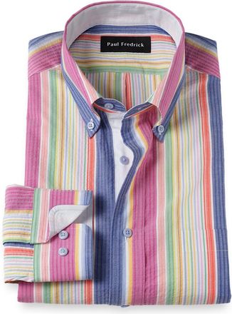 Paul Fredrick Seersucker Stripe Dress Shirt With Contrast Trim