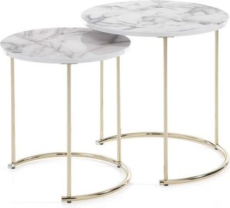 Oresteluchetta Juego De 2 Mesas De Sal&oacute;n Redondas Efecto M&aacute;rmol Y Acero Omaha - Blanco