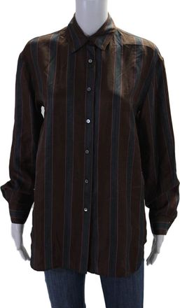 Ql2 Quelledue Womens Button Front Collared Silk Viviana Shirt Brown Blue